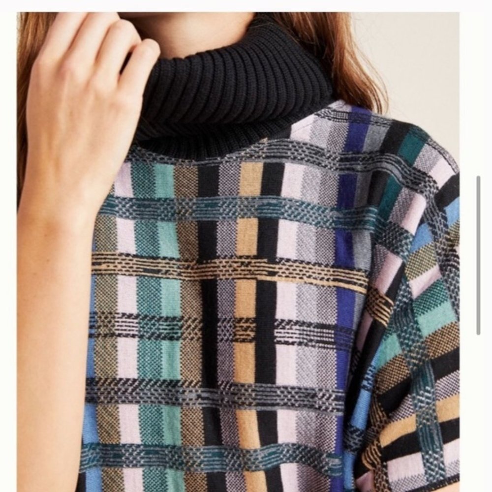 Anthropologie Aldomartins Gracie Plaid Cowl Neck Turtleneck Poncho SIZE L - Picture 2 of 16